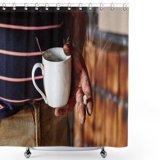 Personality  A Homeless Man Holds A Cup And A Cigarette. Shower Curtains