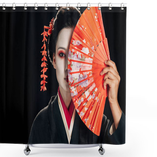 Personality  Attractive Geisha In Black Kimono With Flowers In Hair Holding Bright Hand Fan Isolated On Black Shower Curtains