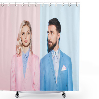 Personality  Dreamy Woman And Handsome Man Looking At Her On Pink And Blue Background  Shower Curtains