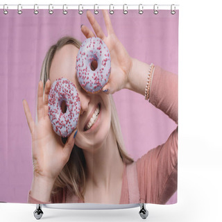 Personality  Playful Young Woman Covering Eyes With Doughnuts Shower Curtains