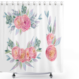 Personality  Collection Of Watercolor Isolated Bouquets Of Pink Beautiful Roses, Decorative Berries, Green Leaves And Branches, Hand Painted On White Background Shower Curtains