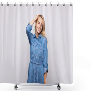 Personality  Woman Smiling Cheerfully And Casually, Taking Hand To Head With A Positive, Happy And Confident Look Shower Curtains