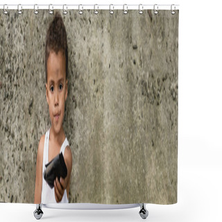 Personality  Panoramic Shot Of African American Child Holding Purse Near Concrete Wall On Urban Street  Shower Curtains