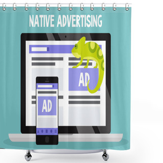 Personality  Native Advertising Conceptual Illustration. Chameleon As A Metaphor Of Native Ads / Flat Editable Vector Illustration, Clip Art Shower Curtains