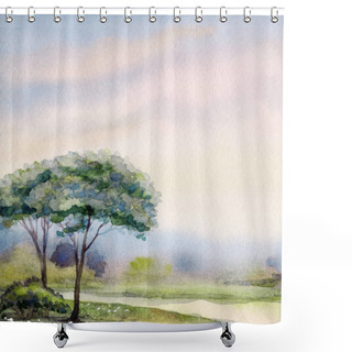 Personality  Watercolor Landscape. Sunset Over The River Shower Curtains