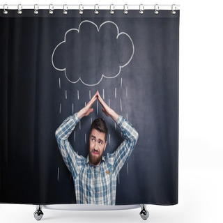 Personality  Frowning Man Covering From Rain Drawn On Blackboard Background Shower Curtains