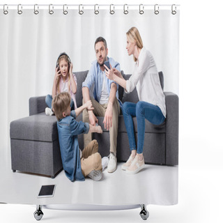 Personality  Family Sitting On Sofa With Digital Devices Shower Curtains
