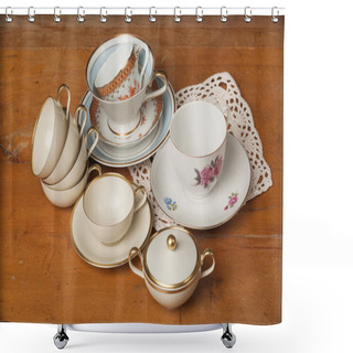 Personality  Vintage Tea Cups On A Wooden Table With A Lace Doily - Horizontal, Simple Studio Still-life Shower Curtains