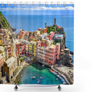 Personality  Scenic View Of Ocean And Harbor In Colorful Village Vernazza, Ci Shower Curtains