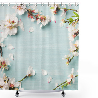 Personality  Spring Floral Background, Texture And Wallpaper. White Almond Blossom Flowers Over Light Blue Background Shower Curtains