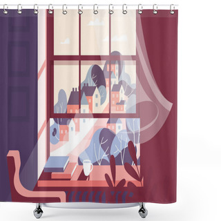 Personality  Window With Cup Of Hot Drink And Books On Windowsill Against Background Of City. Shower Curtains