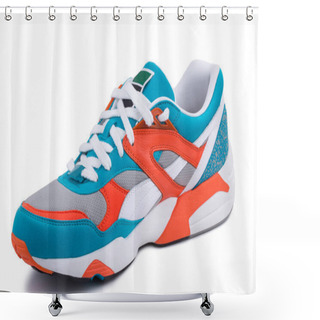 Personality  One Colorful White, Turquoise Orange Leather And Fabric Casual Ankle Sneakers Shoe Isolated White Background Shower Curtains