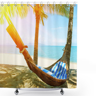 Personality  Beautiful Beach.  Hammock Between Two Palm Trees On The Beach. Holiday And Vacation Concept. Tropical Beach. Shower Curtains