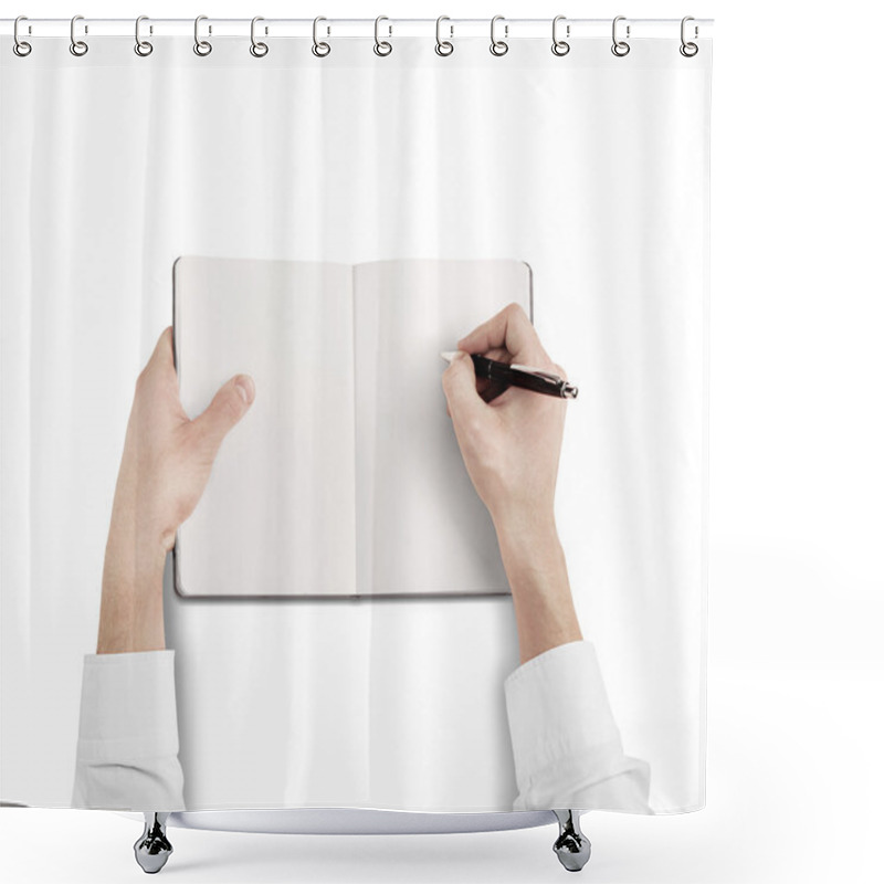 Personality  Hands Drawing In Blank Notebook Shower Curtains