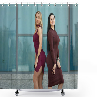 Personality  Two Pretty Young Women Posing Together Outdoors Shower Curtains