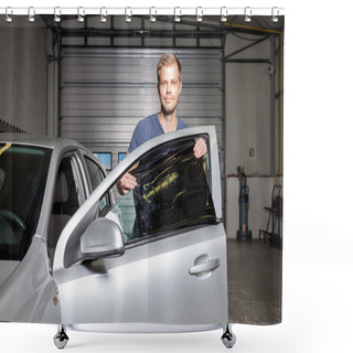 Personality  Applying Tinting Foil Onto A Car Window Shower Curtains