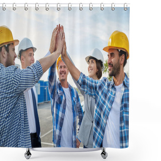 Personality  Close Up Of Builders In Hardhats Making High Five Shower Curtains