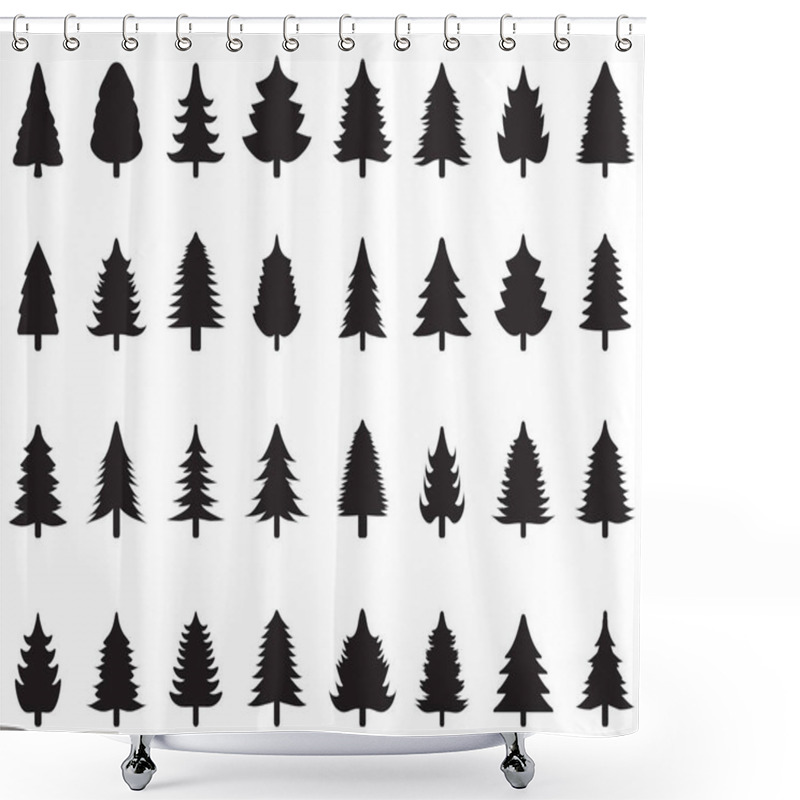 Personality  Set Of Black Christmas Trees On A White Background Shower Curtains