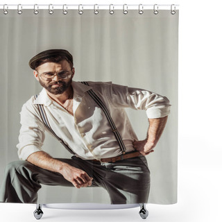 Personality  Bearded Stylish Man In Cap Looking At Camera Isolated On Grey Shower Curtains