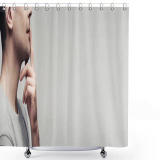 Personality  Cropped View Of Dumb Man Showing Quiet Sign Isolated On Grey Background, Panoramic Shot, Human Emotion And Expression Concept Shower Curtains