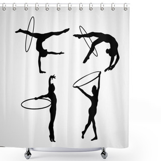 Personality  Gymnastic Girls With Hoops Silhouettes Collection. Art Gymnastics Vector Set Shower Curtains