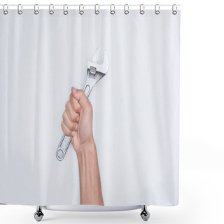 Personality  Cropped Shot Of Man Holding Adjustable Wrench Isolated On White Shower Curtains