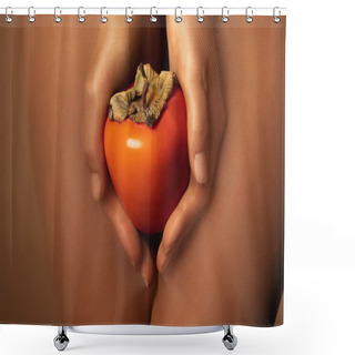 Personality  Cropped View Of Woman In Nylon Tights Holding Ripe Persimmon Isolated On Brown Shower Curtains