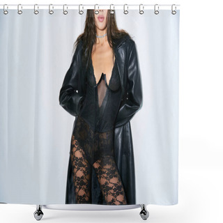 Personality  Sexy Look, Cropped Woman With Brunette Hair Posing In Black Underwear, Lace Corset And Leather Coat Shower Curtains