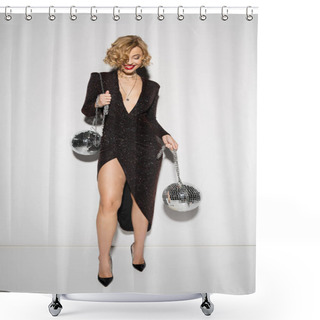 Personality  Happy Woman With Blonde Hair Standing In Black Tight Dress And Holding Chains With Disco Balls On Grey  Shower Curtains