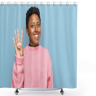 Personality  Young African American Woman Wearing Casual Clothes Showing And Pointing Up With Fingers Number Four While Smiling Confident And Happy.  Shower Curtains