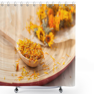 Personality  Dry Calendula Flowers In A Wooden Spoon On A Table Shower Curtains