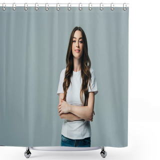 Personality  Positive Beautiful Girl In White T-shirt With Crossed Arms Looking At Camera Isolated On Grey Shower Curtains