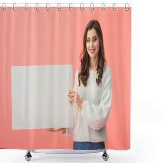 Personality  Smiling And Beautiful Woman Holding Blank Placard With Copy Space Isolated On Pink Shower Curtains