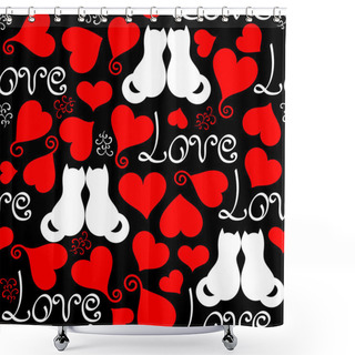 Personality  Vector Hand Drawn Line Red, Black And White Hearts, Lettering And Cats Seamless Background Shower Curtains