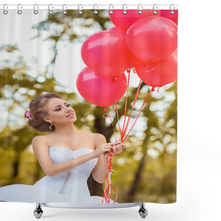 Personality  Beautiful Bride Posing With Pink Balloons Shower Curtains