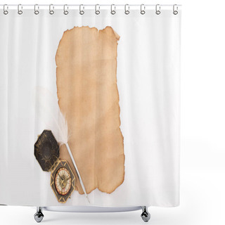 Personality  Top View Of Vintage Paper, Compass And Quill Isolated On White Shower Curtains