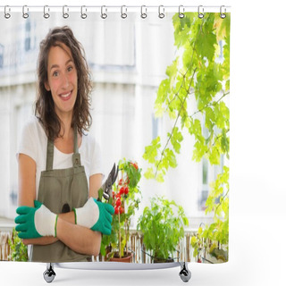 Personality  Portrait Of A Woman On Her City Garden Balcony Shower Curtains