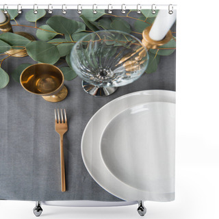Personality  Top View Of Rustic Table Setting With Eucalyptus, Old Fashioned Cutlery, Candles In Candle Holder And Empty Plates Shower Curtains
