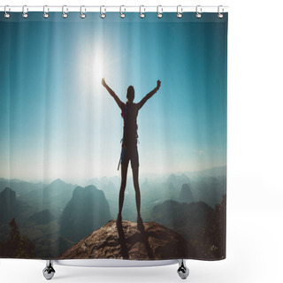 Personality  Cheering Female Hiker With Backpack Enjoying View On Sunrise At Mountain Top Cliff Edge Shower Curtains