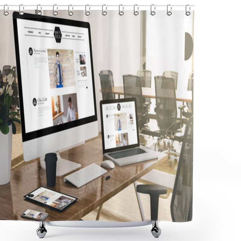 Personality  Devices At Modern Office 3d Rendering Showing Blog Website Shower Curtains