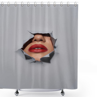 Personality  Cropped View Of Young Woman With Red Lips Near Ripped Grey Background With Hole, Peeking Shower Curtains