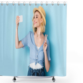 Personality  Young Woman In Straw Hat Showing Peace Sign And Taking Selfie On Blue Shower Curtains