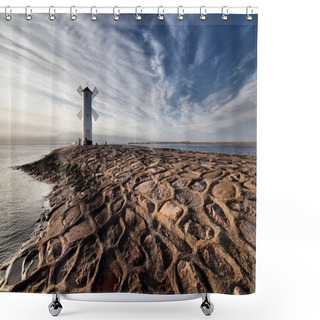 Personality  Lighthouse Windmill Stawa Mlyny, Swinoujscie, Baltic Sea, Poland. Shower Curtains