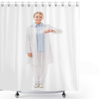 Personality  Beautiful Young Female Doctor With Wrist Watch Looking At Camera Isolated On White Shower Curtains