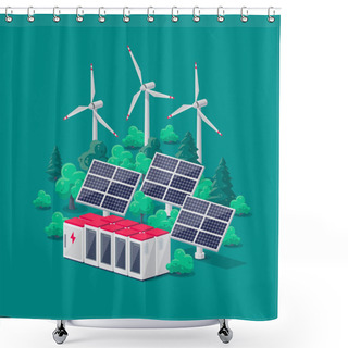 Personality  Renewable Energy Electric Power Station Smart Grid System. Flat Vector Illustration Of Photovoltaic Solar Panels, Wind Turbines And Rechargeable Lithium-ion Battery Energy Storage For Off-grid Backup. Shower Curtains