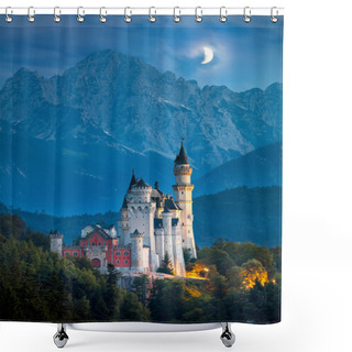 Personality  Famous Neuschwanstein Castle At Night With Moon And Illumination Shower Curtains