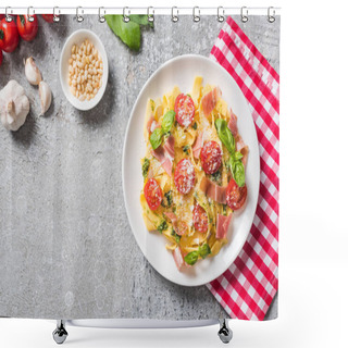 Personality  Top View Of Cooked Pappardelle With Tomatoes, Basil And Prosciutto On Plaid Napkin Near Ingredients On Grey Surface Shower Curtains
