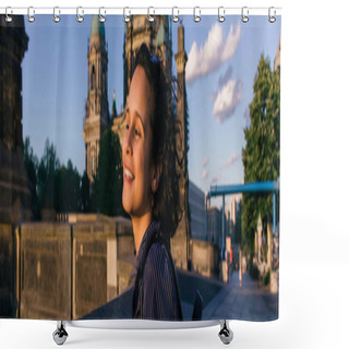 Personality  BERLIN, GERMANY - JULY 14, 2020: Joyful Young Woman Near Blurred Berlin Cathedral, Banner Shower Curtains