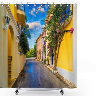 Personality  Traditional Street With Greek Houses With Flowers In Assos, Kefalonia Island. Traditional Colorful Greek Houses In Assos Village. Blooming Fuchsia Plant Flowers. Kefalonia Island, Greece Shower Curtains