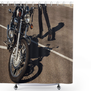 Personality  Cropped View Of Male Biker Going Near Classical Chopper Motorbike Shower Curtains